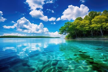  a body of water surrounded by trees under a blue sky with clouds and a small island on the other side of the water.