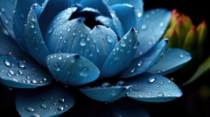 Beautiful blue lotus flower with water drops on black background. Spa Concept. Springtime concept with copy space. - Powered by Adobe