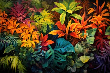 Fototapeta na wymiar a painting of colorful leaves and plants on a black background with a red, yellow, green, and orange color scheme.