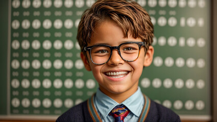 Happy schoolboy in glasses on chalkboard background