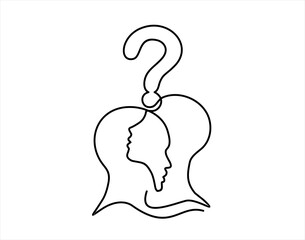 Humans with a question mark is drawn by a single black line on a white background. Continuous line drawing. Vector illustration.