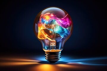  a glowing light bulb with a colorful swirl inside of it on a dark background with a reflection of light coming from the bulb.