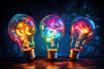  a group of three light bulbs with different colored lights inside of them on a dark surface with a blue background.