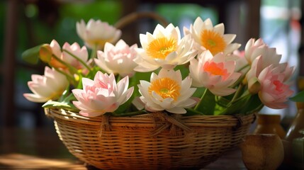 Beautiful lotus flowers in basket on wooden table. Spa Concept. Springtime concept with copy space.