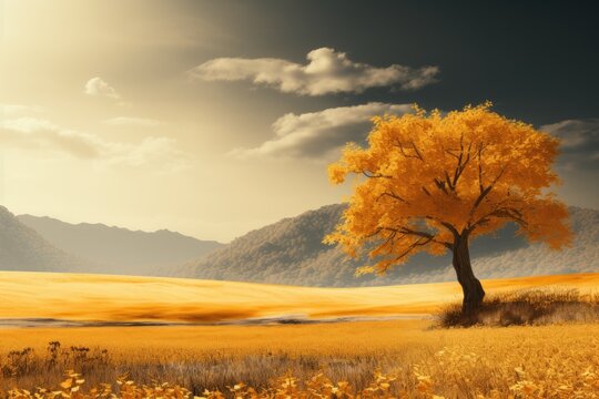  a painting of a yellow tree in the middle of a field with mountains in the back ground and clouds in the sky.