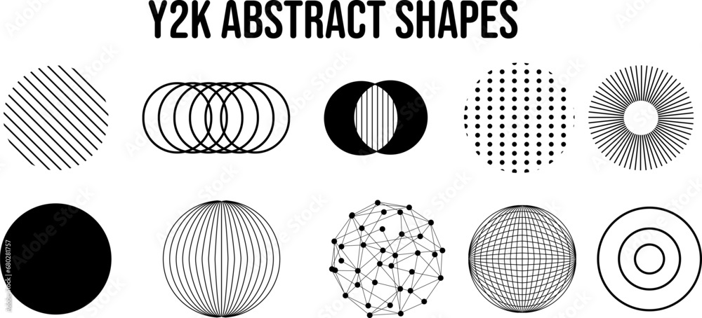 Wall mural Set of abstract aesthetic geometric round y2k elements and wireframe shapes. Black and white retro line design elements. Vector illustration for social networks or posters on a white background