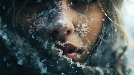 Close up portrait of a beautiful young woman in the winter forest.