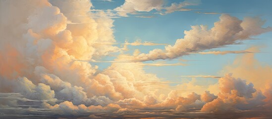 As the afternoon sky transitioned into evening, the clouds billowed gracefully above the trees, painting a breathtaking tapestry sky. - obrazy, fototapety, plakaty