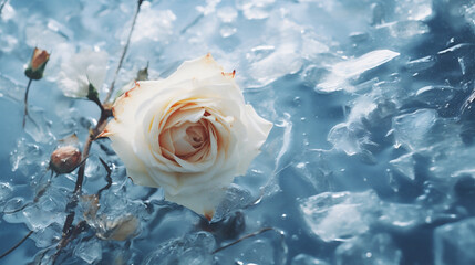 Beautiful white rose on ice background. Close up. Copy space