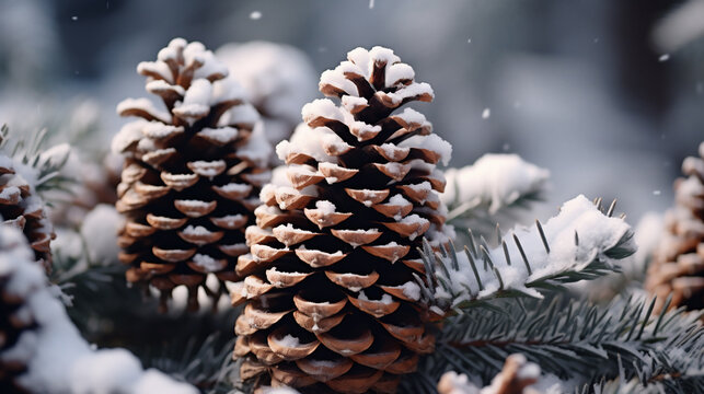 Pine cones covered with snow in winter forest. Christmas background.