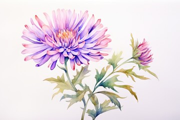  a watercolor painting of a pink and purple flower with green leaves on a white background with a white background.