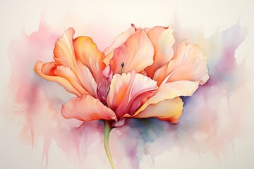  a watercolor painting of a pink and yellow flower on a white background with a splash of paint on the left side of the image.