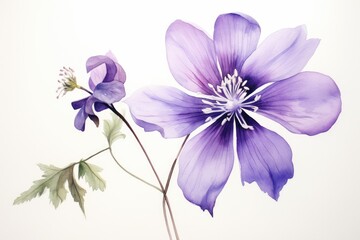  a close up of a purple flower on a white background with a green stem in the foreground and a green stem in the background.
