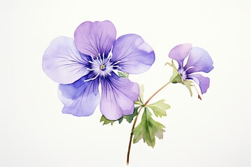  a close up of a purple flower on a stem with green leaves on the stem and a white background behind it.