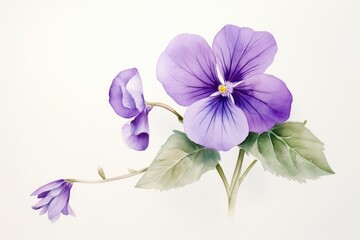  a close up of a purple flower with green leaves on a white background with a yellow center in the center.