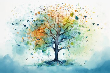  a watercolor painting of a tree with lots of leaves on it's branches and a blue sky in the background.