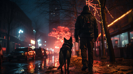 Police officer with a dog walking in street.