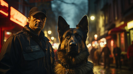 Fototapeta na wymiar Police officer with a dog walking in street.
