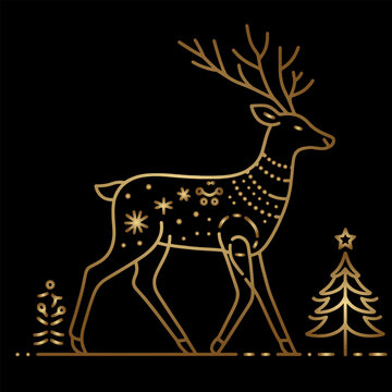 Minimalistic one line Christmas reindeer icon in golden elegant style. Red deer or reindeer. Vector illustration. Design of a buck, sambar or fallow deer
