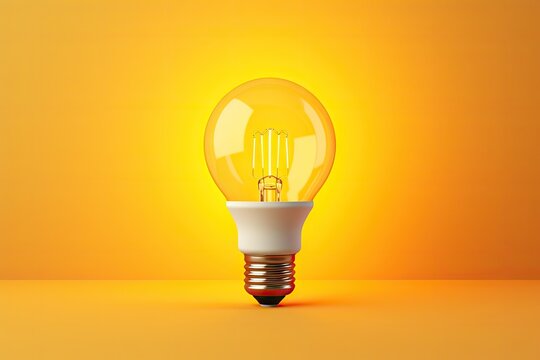  a yellow light bulb sitting on top of a yellow table next to a white light bulb on a yellow background.