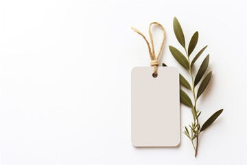 Blank craft paper gift tag. Label mockups with olive leaves - obrazy, fototapety, plakaty