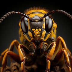Murder hornet or Asian giant insect. Huge predator that kills honeybees. Animal concept for an invasive species. Front view on the face. Great image for web icon, game avatar, profile picture