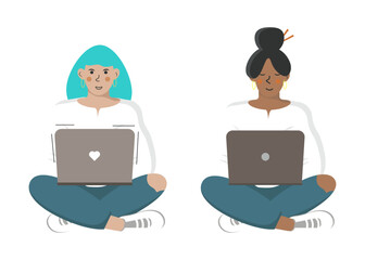 Student girl with a laptop, flat character of a person studying.