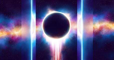 Fantastic beautiful colorful starry outer space with planet.