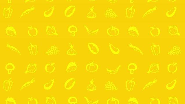 Moving Fruit and Vegetables Icons, Animated Yellow Background