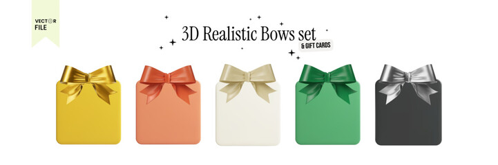 Vector illustration - Set of shiny satin bows with blank rounded square gift card or  gift voucher of different colors, illustrated in a realistic 3D style. 
