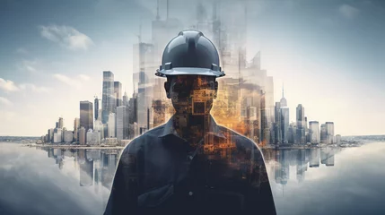 Foto op Canvas Double exposure of Engineer against cityscape © Johannes