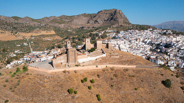 Aerial photo from drone to of Moorish castle of Alora in the province of Malaga, Alora, Andalusia , Costa del sol, Spain,  (Series)