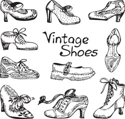 Fototapeta premium Woman fashion - shoe collection. Vintage vector hand-drawn illustration