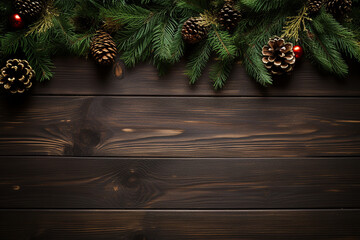 Festive Christmas Background: Fir Tree and Decorations on Dark Wooden Board Created with generative AI tools