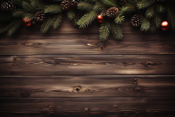 Festive Christmas Background: Fir Tree and Decorations on Dark Wooden Board Created with generative AI tools