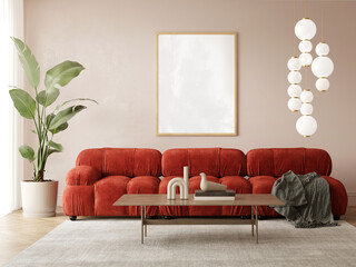 3d interior, soft and warm room with red tufted corner sofa