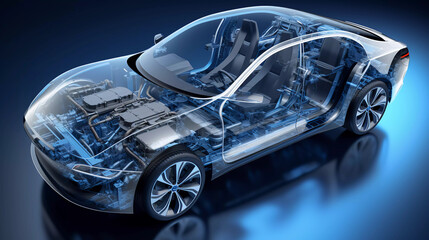 Electric car technical cutaway with all main details of EV system in ghost effect - obrazy, fototapety, plakaty