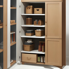 wooden cabinet with shelves and books,ai generated