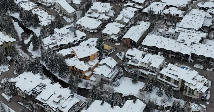 Aerial overhead view of winter ski resort in Vail, Colorado