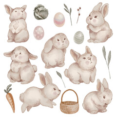 Hand drawn easter bunny clipart. Set of cute bunnies and Easter eggs. Isolated without background
