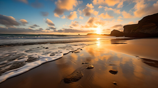 Sunset on the beach: calm waves on the shores of the coast