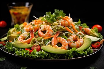 Green leafy salad with avocado and shrimp on plate