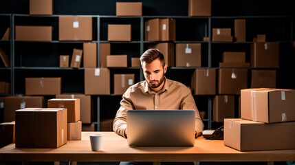 hombre trabajando en una laptop sobre un escritorio, en un almacén lleno de cajas  - obrazy, fototapety, plakaty