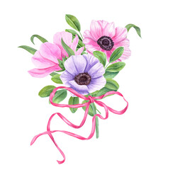 Bouquet of anemones, green leaves tied with pink ribbon. Flowers decorated with acacia leaves, clitoria or tea leaf. Watercolor illustration. For Valentine day, birthday and mother day cards