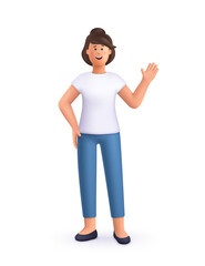 Young smiling woman standing with greeting gesture and with hands on her hips. 3d vector people character illustration. Cartoon minimal style.