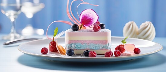 In the fancy restaurant, the talented chef presented the most exquisite dessert, a white and blue...