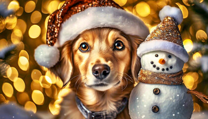 Dog, snowman and christmas tree