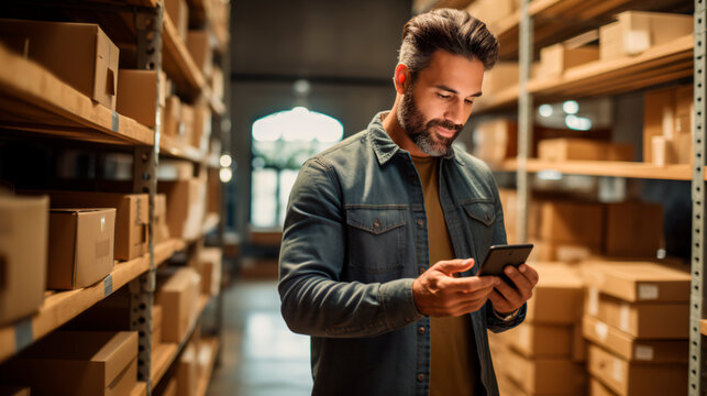 hombre adulto en un almac&eacute;n con un celular 