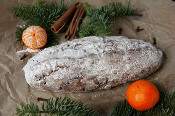 Christmas traditional fruit bread stollen. Traditional Christmas festive pastry dessert. Stollen for Christmas