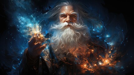 The magic of Santa Claus. An old man with a white beard casts a spell realistic illustration. The magic of Christmas. Fairy tale character magician casts a spell. Magic ritual. Generative ai